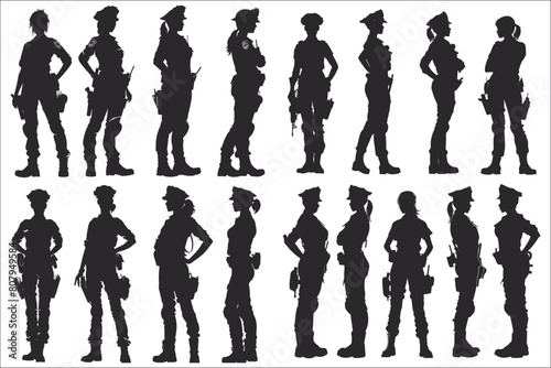 Woman police officer silhouettes, Set of woman police officer, Black silhouette of woman police, Woman police officer, Female police officer silhouette, Silhouettes of woman police standing 