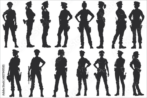 Woman police officer silhouettes, Set of woman police officer, Black silhouette of woman police, Woman police officer, Female police officer silhouette, Silhouettes of woman police standing 