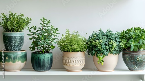 Exotic houseplants in ceramic pots on white shelf against white wall. Concept Houseplants, Exotic Plants, Ceramic Pots, Interior Decor, White Wall