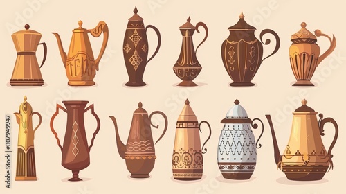 Cartoon illustration set of Arabian metal kettles with antique patterns and different shapes. Oriental golden or copper pitchers with traditional ornaments. photo