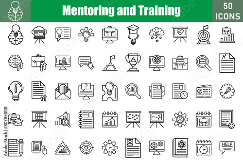 Mentoring And Training icon set. Containing  
Key,struggle,RoleModel,Coaching,Book,Brainstrom,Briefcase,Business card,Certificate,Digitalclock and more. Vector icons collection photo