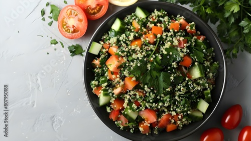 Top view of colorful quinoa tabbouleh salad with traditional Arabic ingredients. Concept Quinoa tabbouleh salad, Middle Eastern cuisine, Colorful ingredients, Traditional Arabic recipes photo