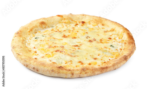 One delicious cheese pizza isolated on white