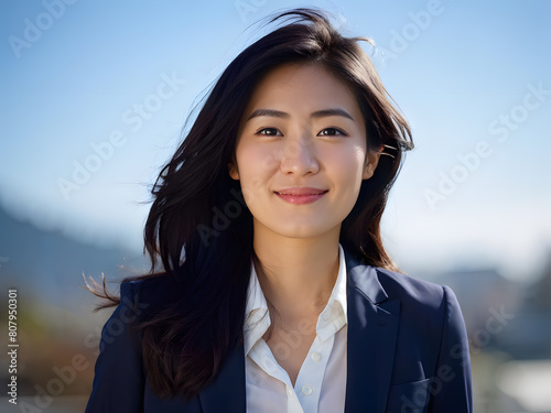 A woman in a business suit is smiling and looking at the camera