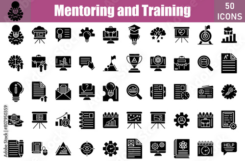 Mentoring And Training icon set. Containing  
Key,struggle,RoleModel,Coaching,Book,Brainstrom,Briefcase,Business card,Certificate,Digitalclock and more. Vector icons collection