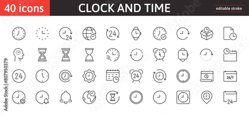 Clock and time 40 line icons set. Timing, timer, alarm, watch, hour vector sign or symbol. Isolated on a white background. Pixel perfect. Editable stroke. 64x64.	