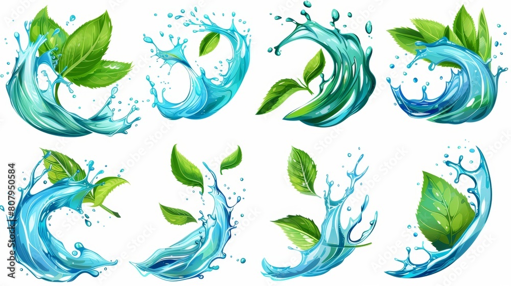 Water splash or air vortex with mint leaves. Modern illustration set with fresh wind flow effect with foliage. A cool wave and tornado with flying tea or peppermint. Abstract motion curve with herbal Water splash or air vortex with mint leaves. Modern illustration set with fresh wind flow effect with foliage. A cool wave and tornado with flying tea or peppermint. Abstract motion curve with herbal