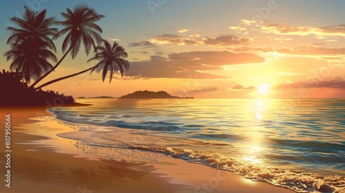 A sunset on a beach with two palm trees and the ocean, AI