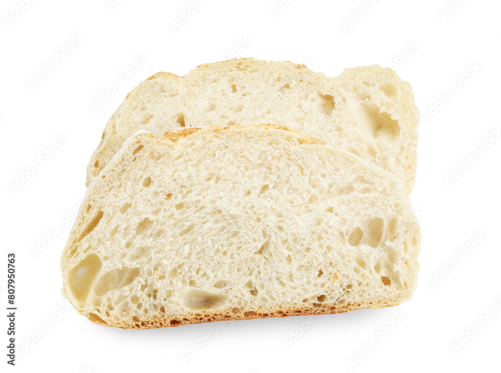 Slices of freshly baked sourdough bread isolated on white, top view Slices of freshly baked sourdough bread isolated on white, top view