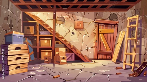 This unused basement room interior is filled with cracked walls and broken stairs, a wooden rack containing cardboard boxes for storing things, mess and cobwebs. It is a cartoon modern illustration photo
