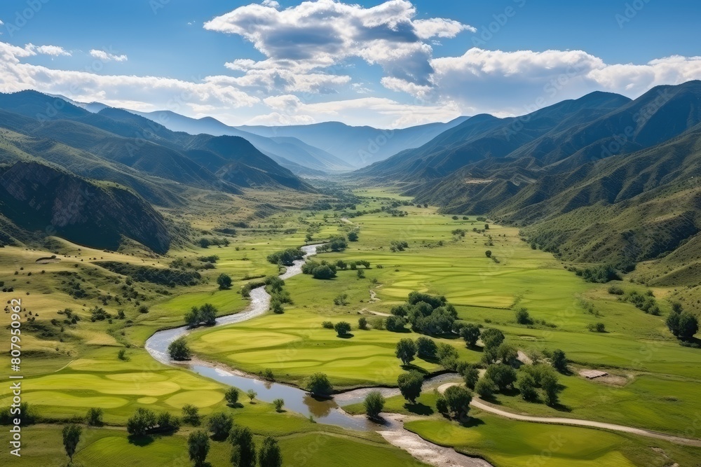 Romania landscape. Majestic River Winding Through Verdant Mountain Valley.