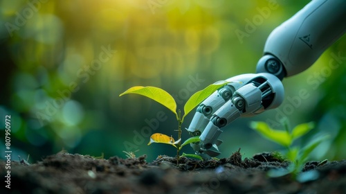 A robot arm nurturing a seedling, representing AIs potential to improve our relationship with nature photo