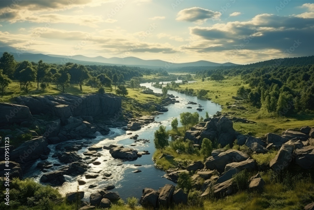 Fototapeta premium Russia landscape. Serene River Landscape with Lush Greenery and Rocky Terrain at Sunset.
