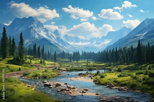 Russia landscape. Serene Mountain Valley with Pristine River and Lush Greenery.