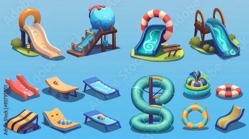 Modern illustration of a water slide for swimming pool in a summer waterpark. Set of water slide twist tubes, inflatable balls, and sunbeds for holiday playgrounds and resorts.