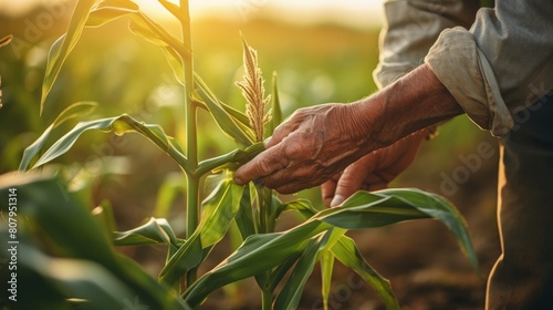 Farmer agronomist standing in green field, holding corn leaf in hands and analyzing maize crop. Agriculture, organic gardening, planting or ecology concept. High quality photo photo