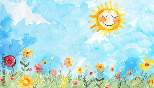 A child s drawing of a sunny day with a smiling sun and a blue sky