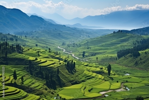 Rwanda landscape. Majestic Green Terraced Fields in a Lush Valley Landscape. photo