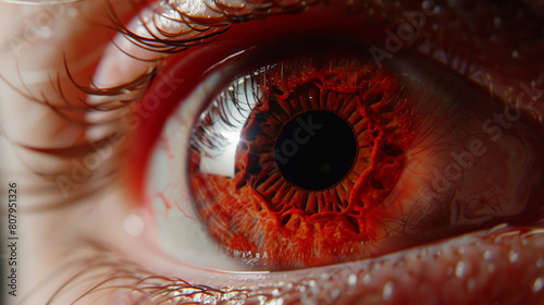 Detailed closeup of a human eye with vivid red iris