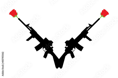 Vector illustration of rifle with red rose on transparent background