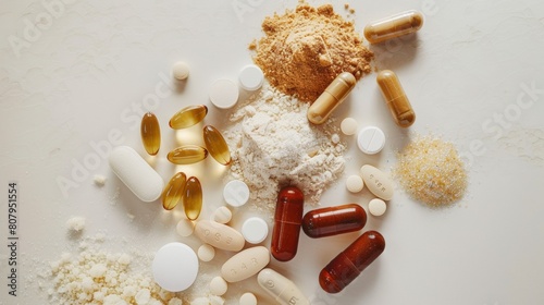 Variety of Dietary Supplements and Medicinal Powders on Light Background