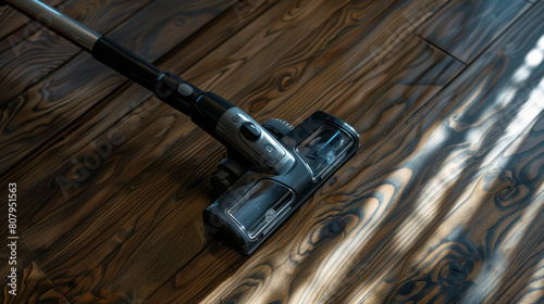 Cordless vacuum cleaner on dark oak wood floor