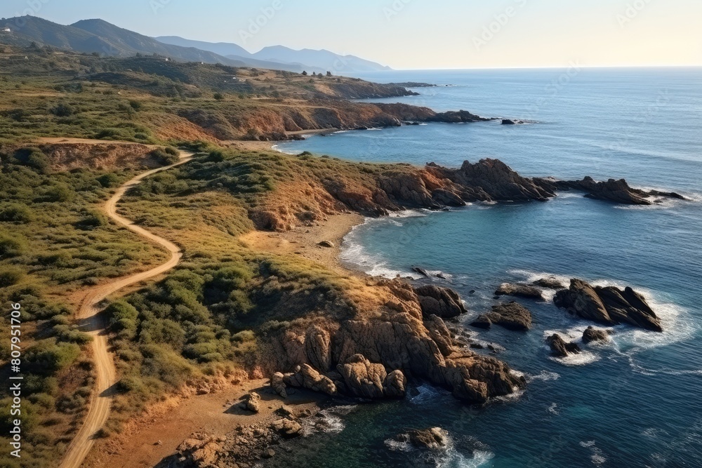 Sardinia Landscape. Scenic Coastal Landscape with Winding Road and Rocky Shoreline