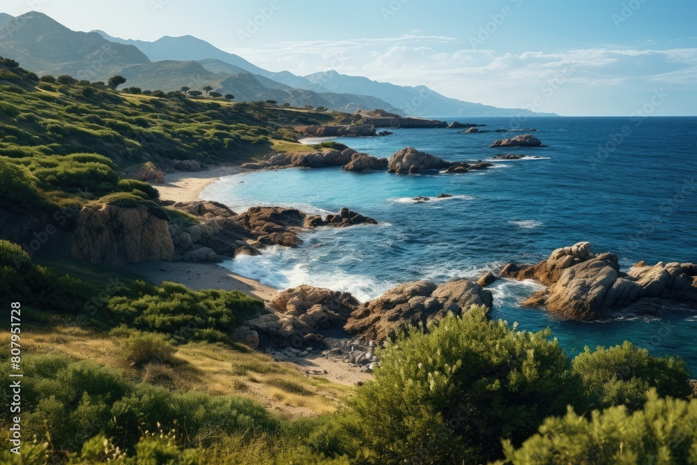 Sardinia Landscape. Scenic Coastal Landscape with Mountains, Rocky Shores, and Blue Ocean