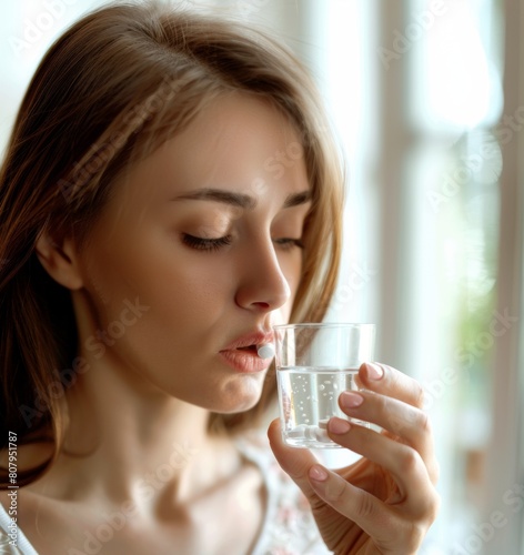 Young Woman Taking Medication with Glass of Water