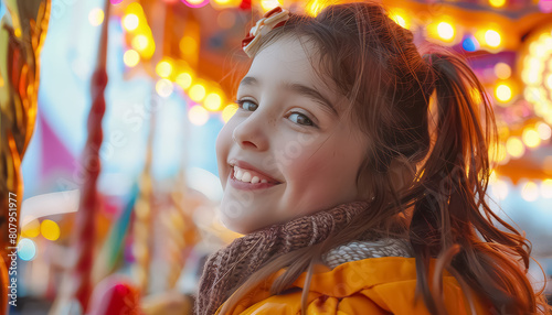 A young girl in amusement park carousel