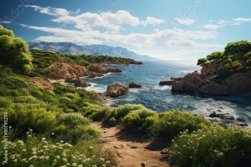 Sardinia Landscape. Scenic Coastal Path with Rugged Cliffs and Lush Flora