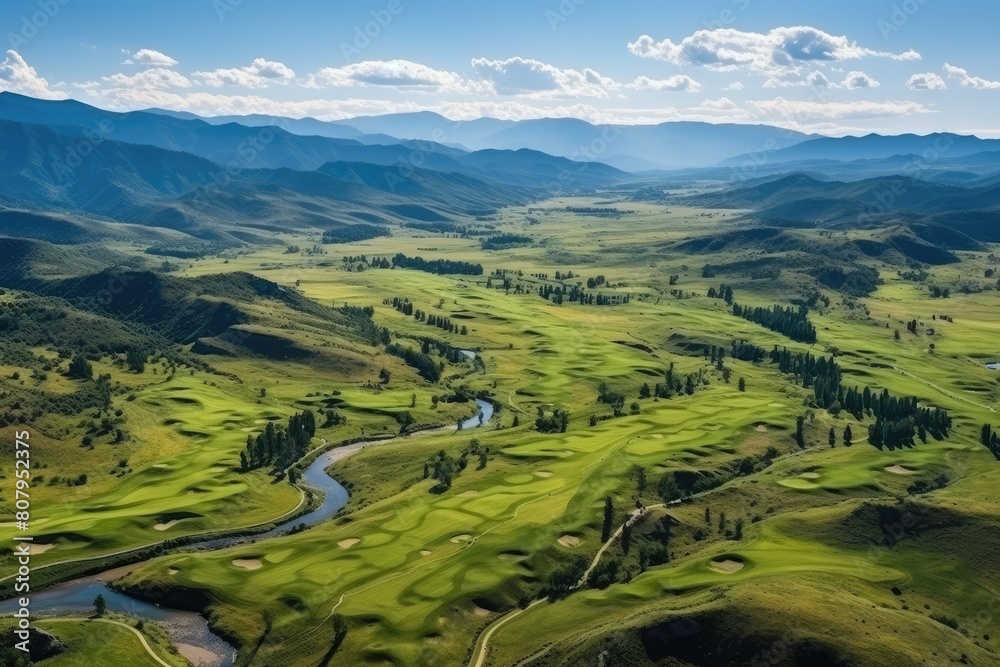 Slovakia landscape. Serene Valley with Meandering River and Rolling Green Hills Under Blue Skies.