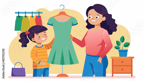 A mother and daughter bond over their shared love of thrift store shopping excitedly trying on unique pieces.. Vector illustration