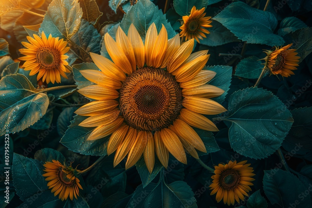Sunflowers at Sunrise with Dew - Concept of Nature, Growth, and Organic Farming