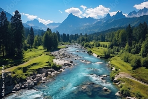 Slovenia landscape. Scenic Mountain River Landscape with Forest and Blue Sky.