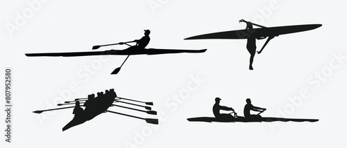 rowing silhouette collection set. water sport, race, transport, teamwork concept. different action, pose. monochrome vector illustration.