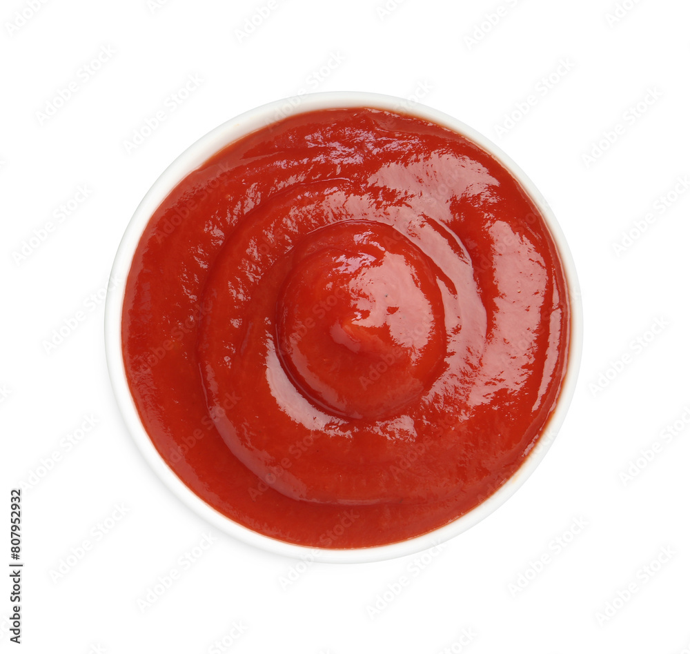 Tasty ketchup in bowl isolated on white, top view. Tomato sauce Tasty ketchup in bowl isolated on white, top view. Tomato sauce