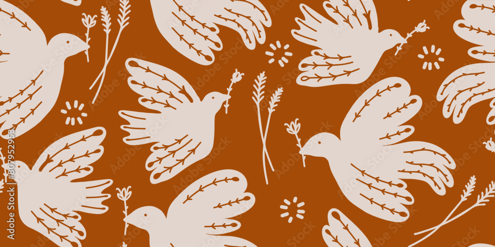 Hand drawn ornament seamless pattern with birds. Abstract trendy monochrome print.
