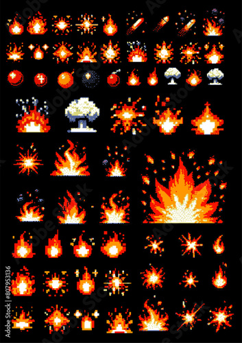 Pixel art 8-bit fire flame explosions. Vector set with cartoon flashes and sparks isolated on black background. Burst animation for retro video game design.