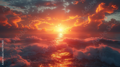 Dramatic sunrise over ocean with golden sunlight and clouds