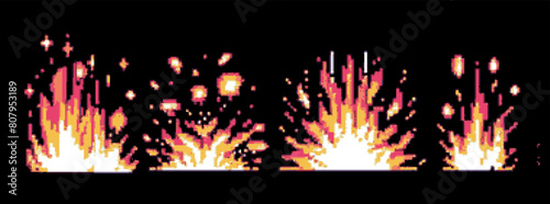 Pixel art 8-bit fire flames, explosion flashes and cartoon sparks set, isolated on black background. Burst animation for retro video game design.