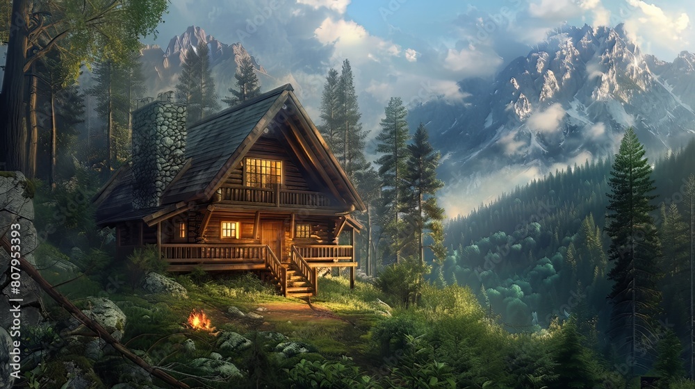 Mountain Cabin: High in the mountains, a rustic cabin offers a cozy place to live, surrounded by towering trees and stunning landscapes, ideal for those who love the outdoors Mountain Cabin: High in the mountains, a rustic cabin offers a cozy place to live, surrounded by towering trees and stunning landscapes, ideal for those who love the outdoors