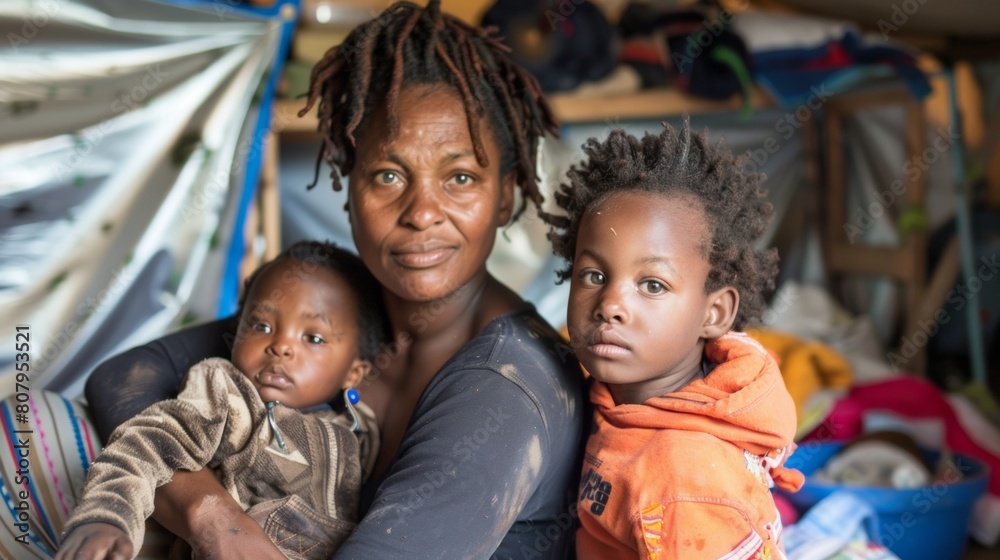 Strong Mother with Her Children in a Humble Home Setting