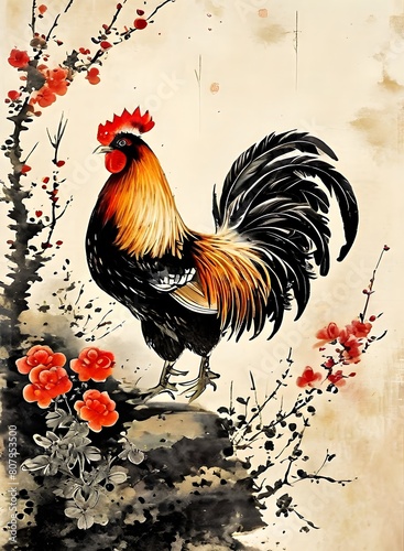 Traditional oriental style painting of a rooster and plum flowers