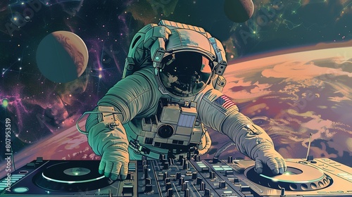 Image of an astronaut DJ playing music The backgrounds are different planets, AI generated digital illustrations.