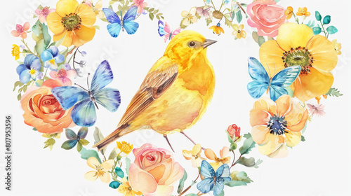 Watercolor bird surrounded by flowers and butterflies