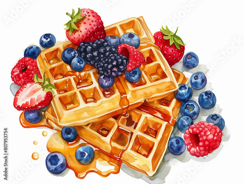 Realistic Watercolor Waffles with Berries