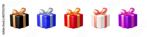 Set of realistic 3d render gift boxes. Gift boxes in different colors. Vector illustration.