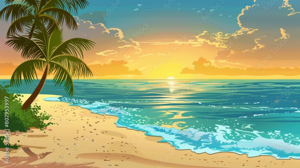 A cartoon illustration of a beach with palm trees and the ocean, AI