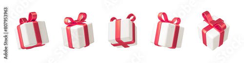 Set of realistic 3d render gift boxes. White gift box with red bow and ribbon. Gift box in different angles. Vector illustration.